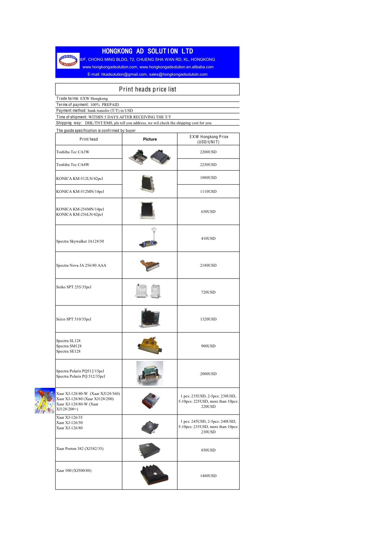 Print head price list